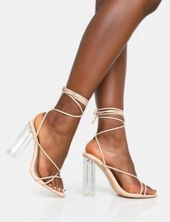 Clara Nude Pu Strappy Lace Up Round Toe Clear Perspex Heels -Chic Footwear Shop 19