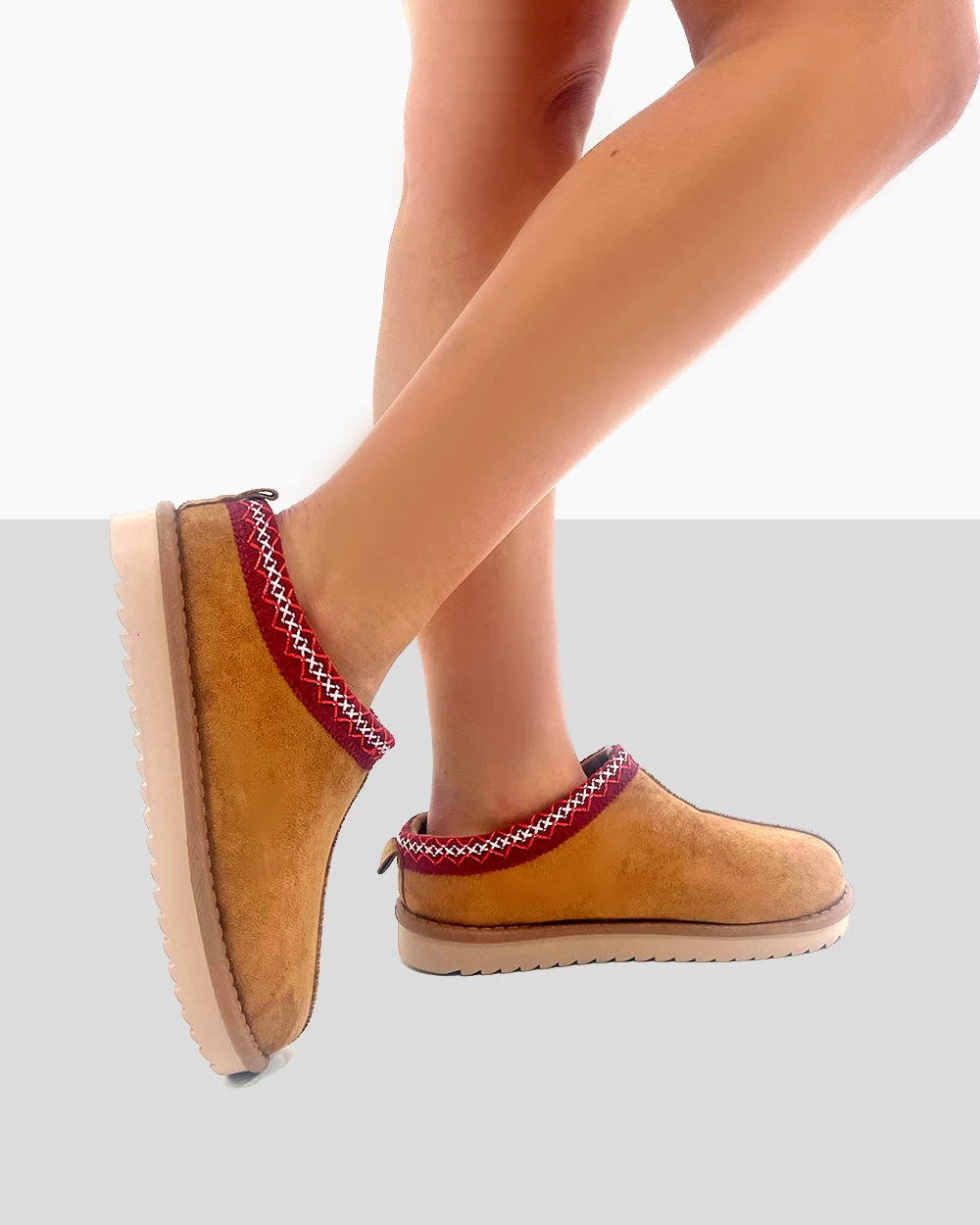 Tamsin Tan Brown Faux Suede Red Embroidered Slipper Boots 3 Tamsin Tan Brown Faux Suede Red Embroidered Slipper Boots