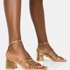 Dayla Gold Strappy Square Toe Block Mid Heel Sandals