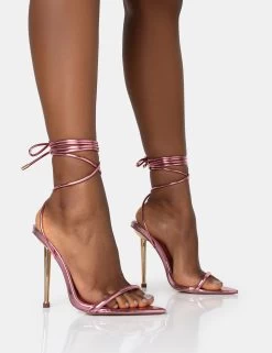 Look Back Pink Metallic Pointed Toe Lace Up Gold Stiletto Heels