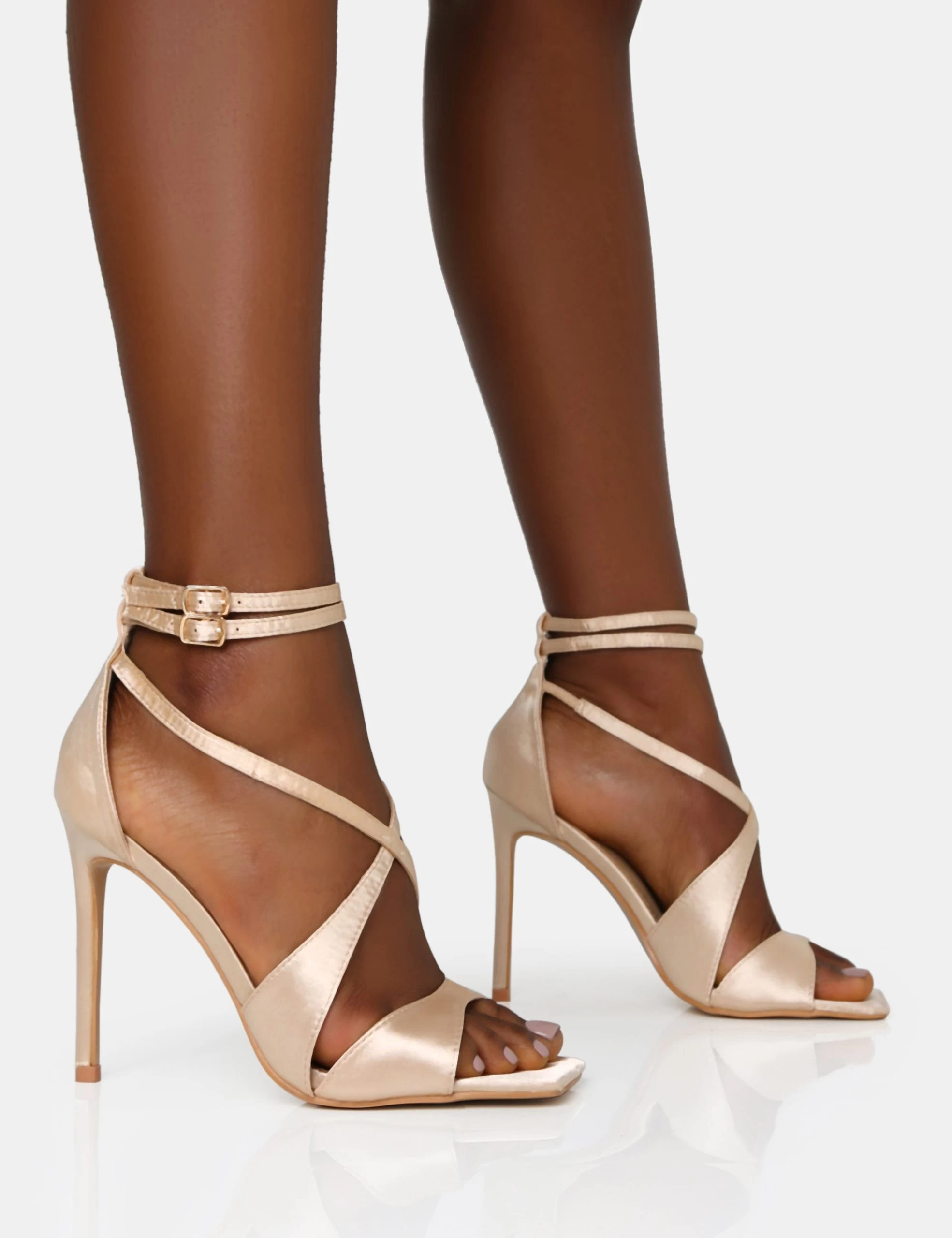 Moana Champagne Satin Cross Over Strap Square Toe Stiletto Heels 3 Moana Champagne Satin Cross Over Strap Square Toe Stiletto Heels