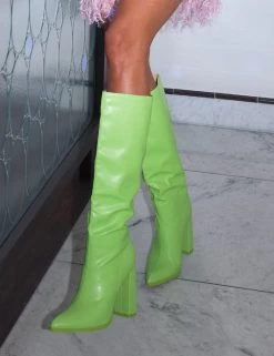 Far Away Lime Grain PU Square Toe Knee High Block Boots -Chic Footwear Shop 202A6855copy