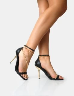 Loyal Black PU Chain Detail Square Toe Gold Stiletto Heels -Chic Footwear Shop 2 0db2d3d5 e6b7 44d0 81b7 f0a732765058