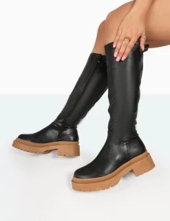 Jersey Black Pu Contrasting Chunky Sole Knee High Boots 9 Jersey Black Pu Contrasting Chunky Sole Knee High Boots -Chic Footwear Shop 2 2dc84ecb 9660 41ea bcd2 00994048b057