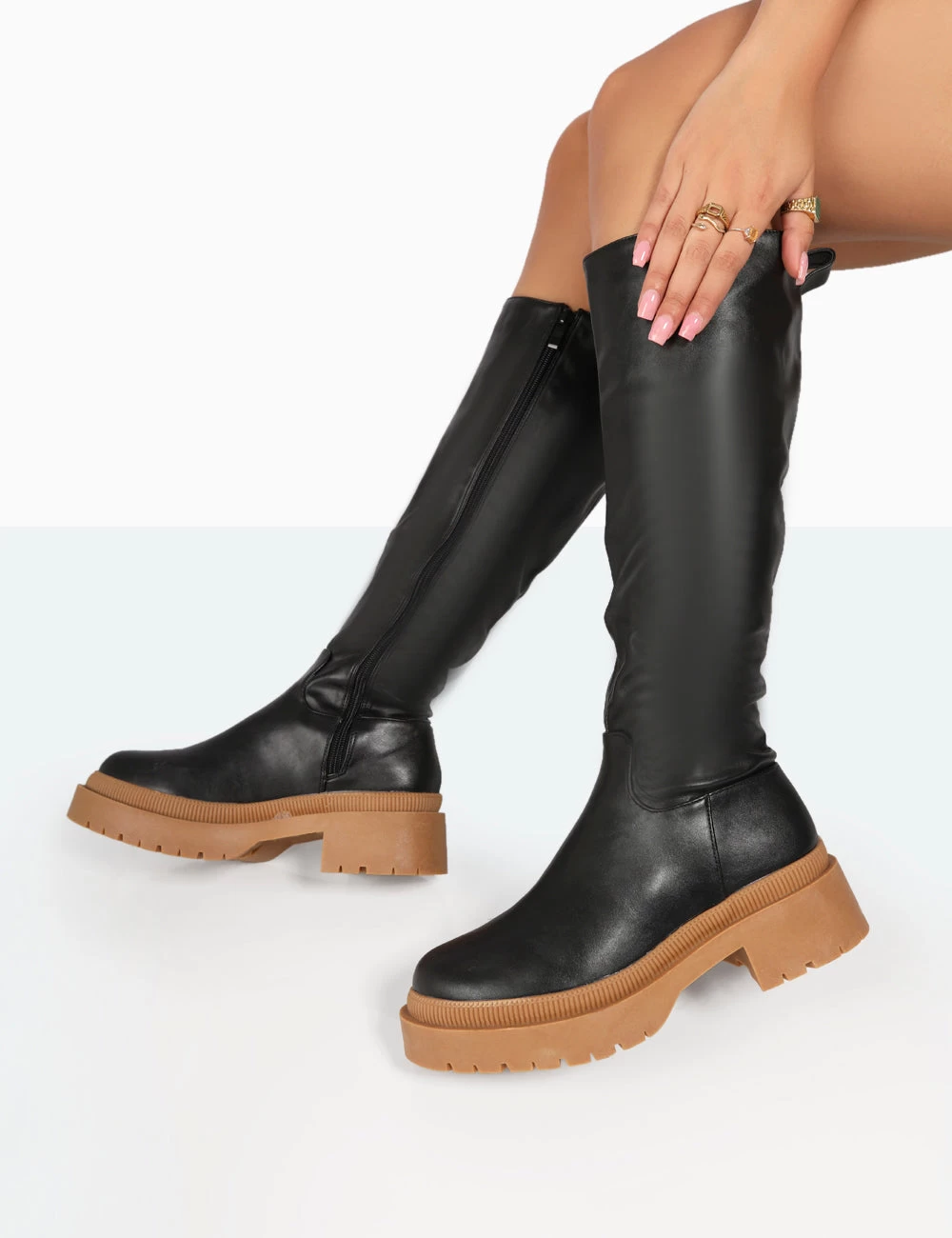 Jersey Black Pu Contrasting Chunky Sole Knee High Boots 6 Jersey Black Pu Contrasting Chunky Sole Knee High Boots - Image 4