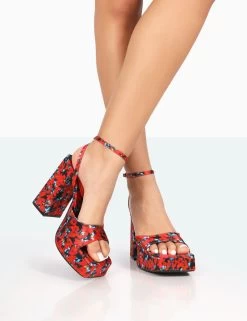 Lyle Red Floral Satin Square Toe Block Platform High Heels -Chic Footwear Shop 2 34d44fe8 fe7b 4147 9b0e f935a746cac8