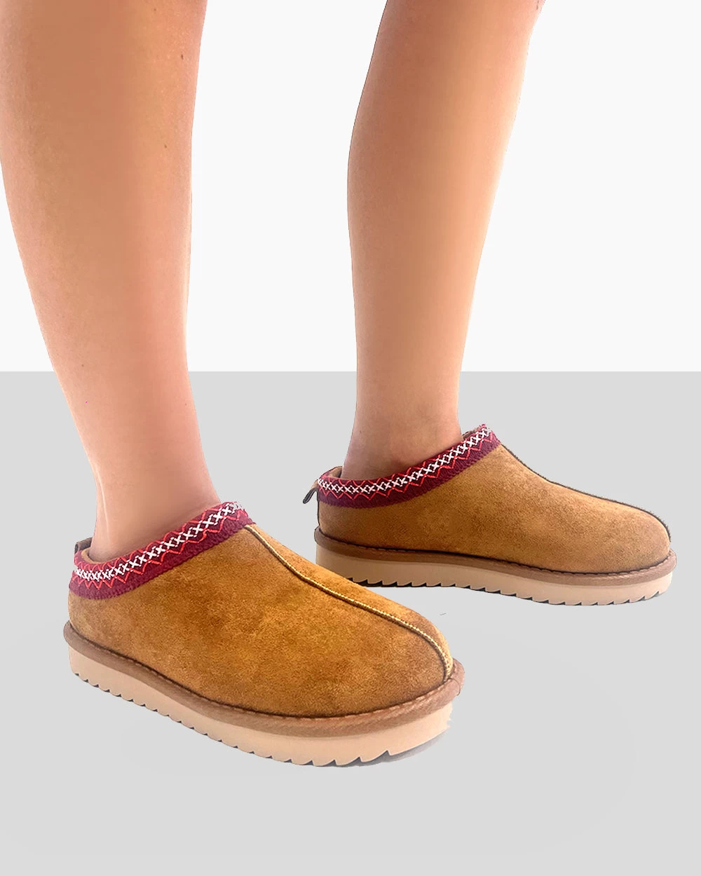 Tamsin Tan Brown Faux Suede Red Embroidered Slipper Boots 4 Tamsin Tan Brown Faux Suede Red Embroidered Slipper Boots - Image 2