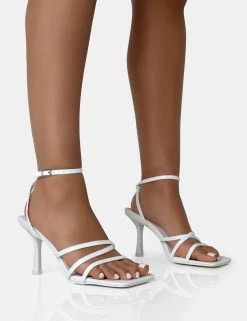 Chic Footwear Shop 26 Mademoiselle White Pu Strappy Square Toe Mid Stiletto Heels