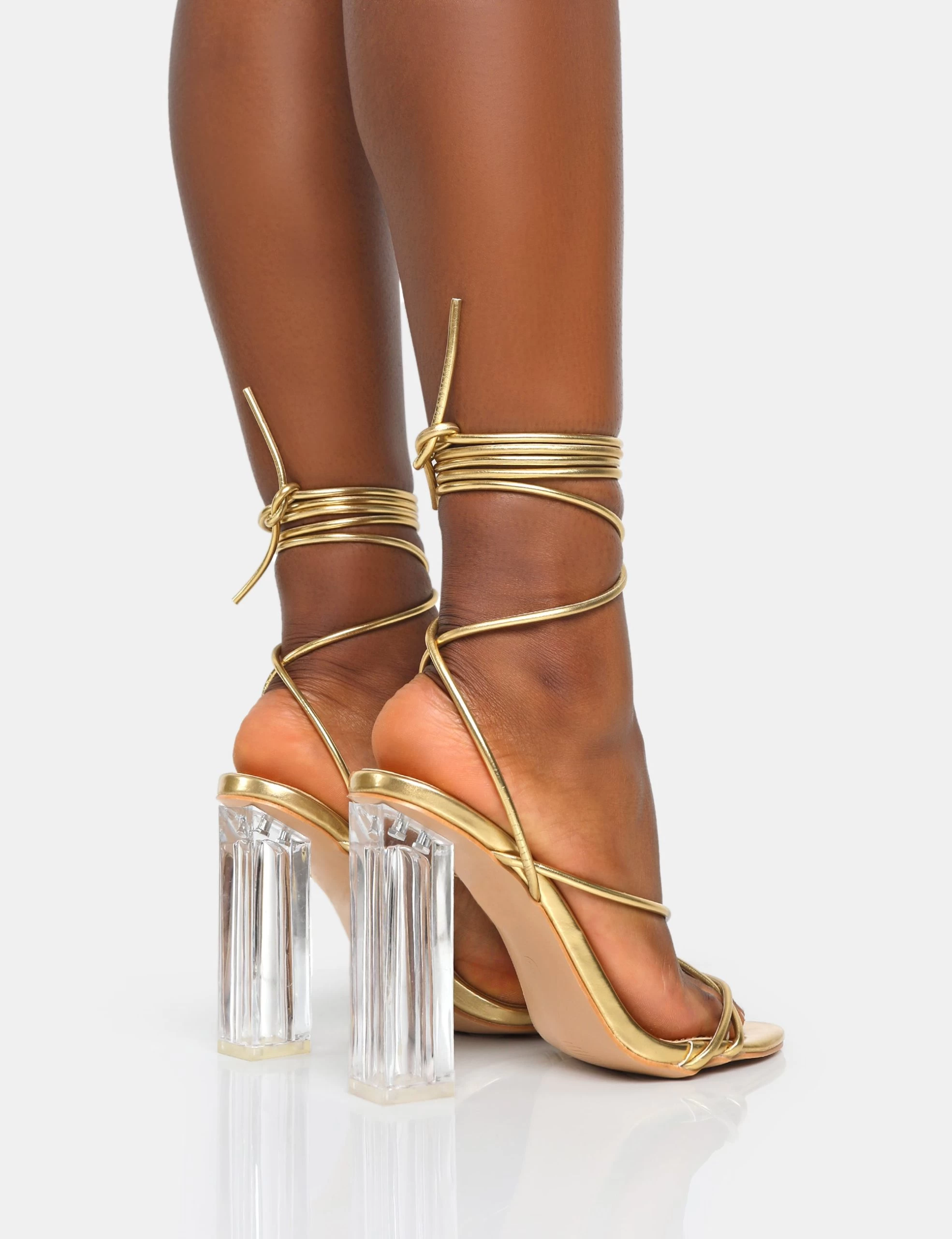 Clara Metallic Gold Pu Strappy Lace Up Round Toe Clear Perspex Heels 4 Clara Metallic Gold Pu Strappy Lace Up Round Toe Clear Perspex Heels - Image 2