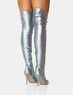Instinct Silver Lycra Pointed Toe Stiletto Thigh High Boots -Chic Footwear Shop 2 f7d403a9 ab5c 44df 82ed 3c5f9ba32f0b