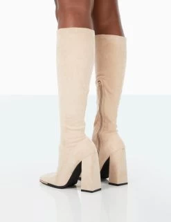 Caryn Taupe Faux Suede Knee High Block Heeled Boots -Chic Footwear Shop 31.08PDECOM0671