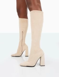 Caryn Taupe Faux Suede Knee High Block Heeled Boots -Chic Footwear Shop 31.08PDECOM0673