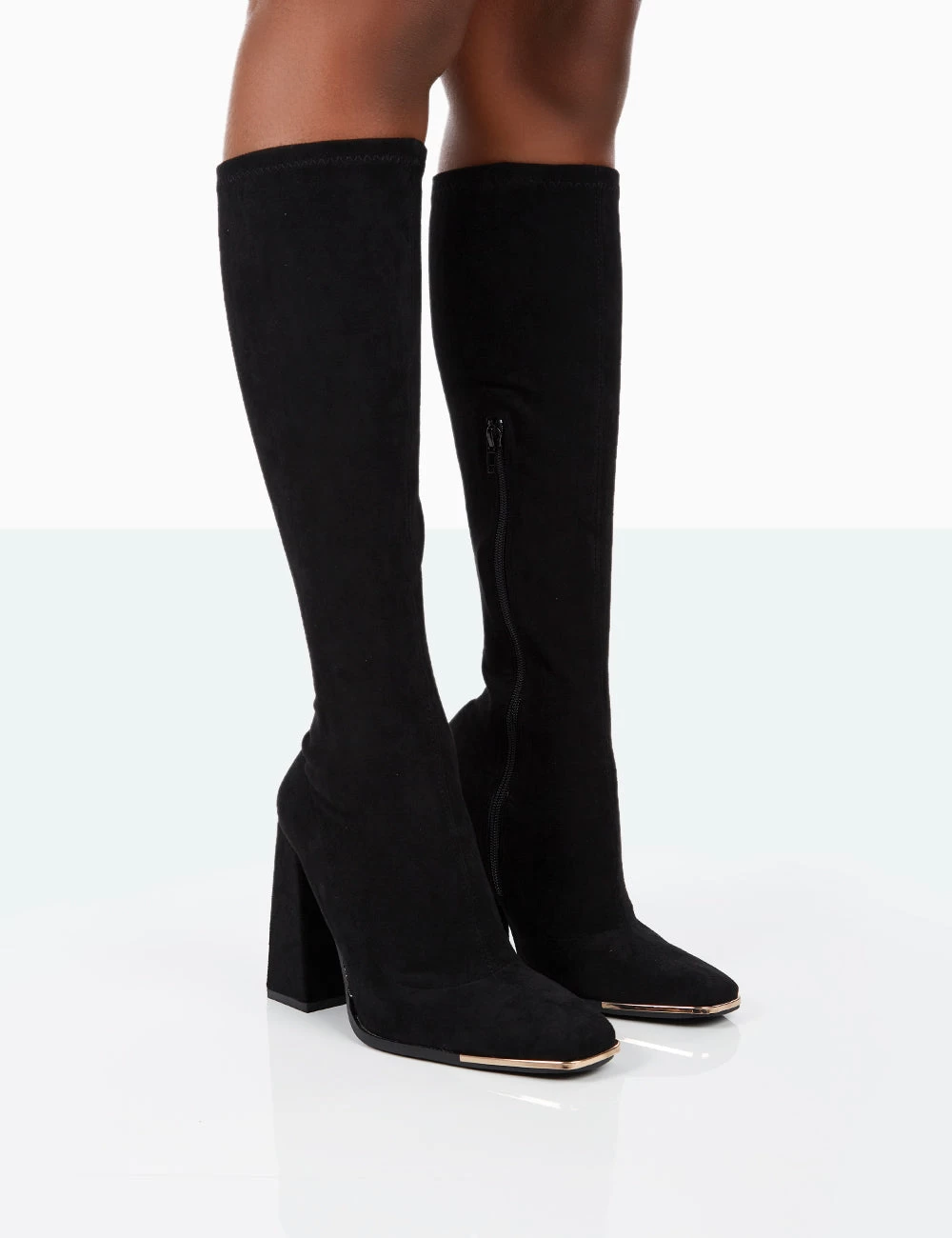 Caryn Black Faux Suede Knee High Block Heeled Boots 3 Caryn Black Faux Suede Knee High Block Heeled Boots