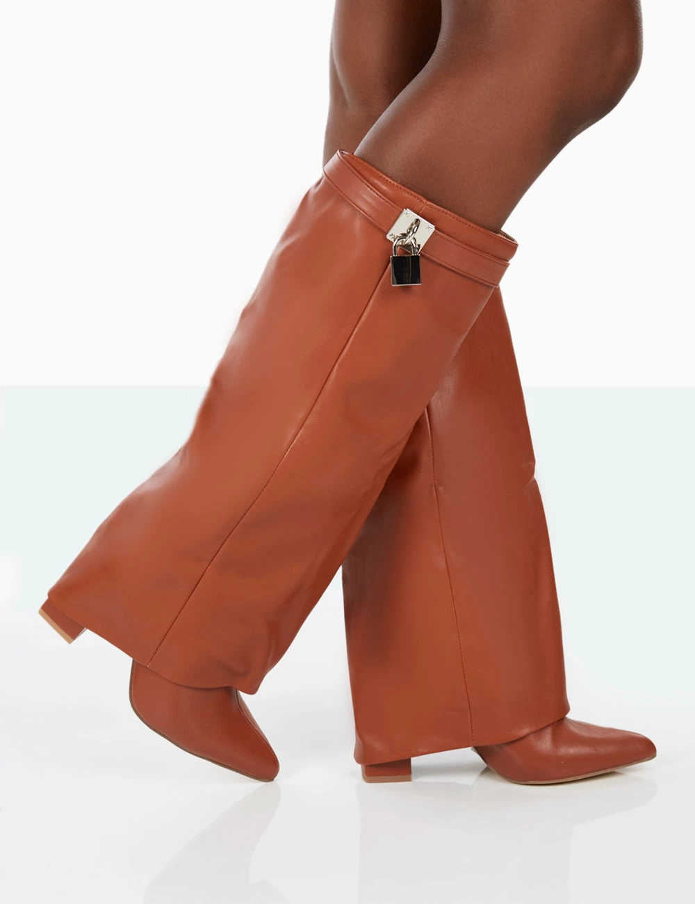 Echo Tan Grain Pu Pointed Toe Knee High Block Boots 6 Echo Tan Grain Pu Pointed Toe Knee High Block Boots - Image 4