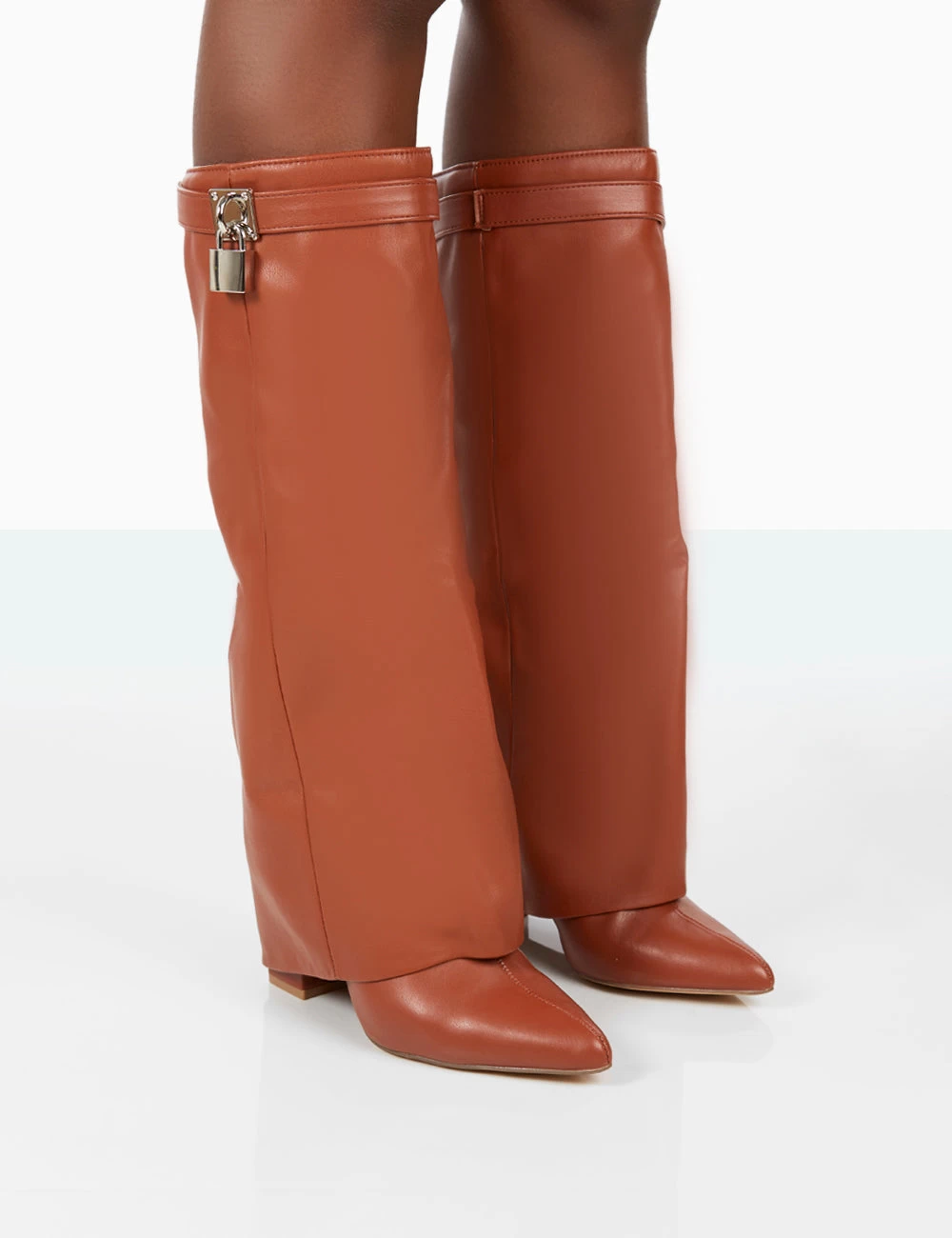 Echo Tan Grain Pu Pointed Toe Knee High Block Boots 3 Echo Tan Grain Pu Pointed Toe Knee High Block Boots