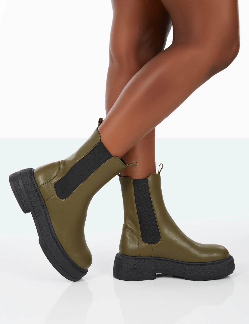 Barbie Dark Khaki Pu Platform Chunky Sole Chelsea Boots 5 Barbie Dark Khaki Pu Platform Chunky Sole Chelsea Boots - Image 3