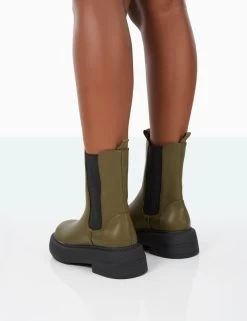 Barbie Dark Khaki Pu Platform Chunky Sole Chelsea Boots 10 Barbie Dark Khaki Pu Platform Chunky Sole Chelsea Boots -Chic Footwear Shop 31.08PDECOM0723