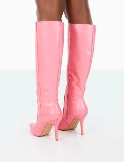 Best Believe Pink Croc Pointed Toe Heeled Stiletto Knee High Boots -Chic Footwear Shop 31.08PDECOM0748