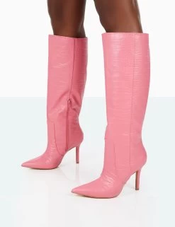 Best Believe Pink Croc Pointed Toe Heeled Stiletto Knee High Boots -Chic Footwear Shop 31.08PDECOM0750