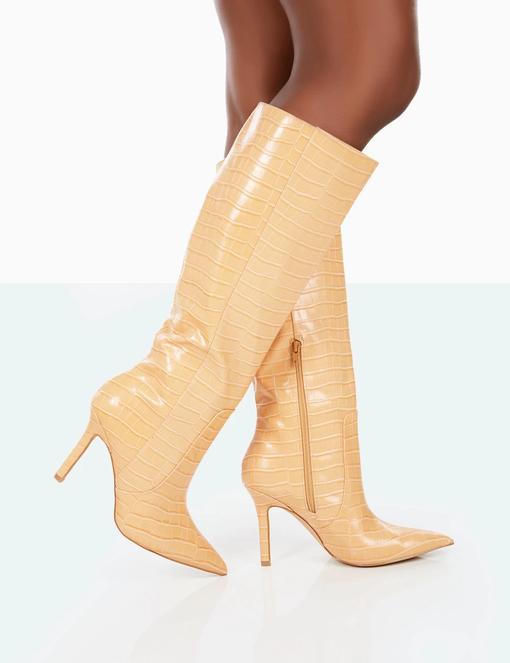 Best Believe Caramel Croc Pointed Toe Stiletto Heeled Knee High Boots 5 Best Believe Caramel Croc Pointed Toe Stiletto Heeled Knee High Boots - Image 3