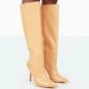 Best Believe Caramel Croc Pointed Toe Stiletto Heeled Knee High Boots