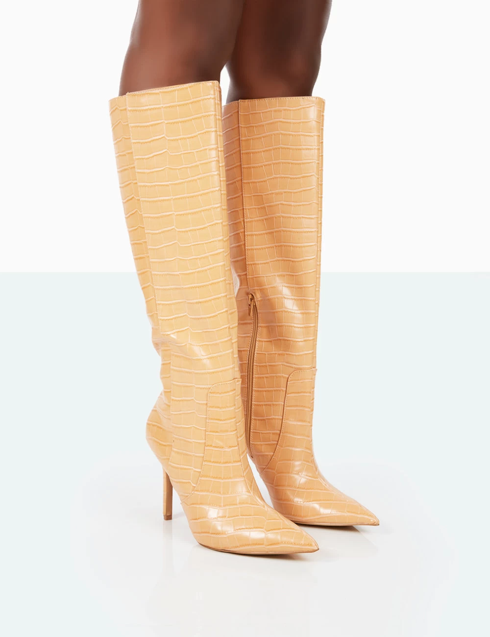 Best Believe Caramel Croc Pointed Toe Stiletto Heeled Knee High Boots 3 Best Believe Caramel Croc Pointed Toe Stiletto Heeled Knee High Boots