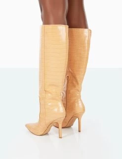 Best Believe Caramel Croc Pointed Toe Stiletto Heeled Knee High Boots 10 Best Believe Caramel Croc Pointed Toe Stiletto Heeled Knee High Boots -Chic Footwear Shop 31.08PDECOM0753