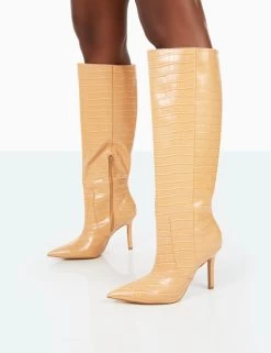 Best Believe Caramel Croc Pointed Toe Stiletto Heeled Knee High Boots 11 Best Believe Caramel Croc Pointed Toe Stiletto Heeled Knee High Boots -Chic Footwear Shop 31.08PDECOM0755