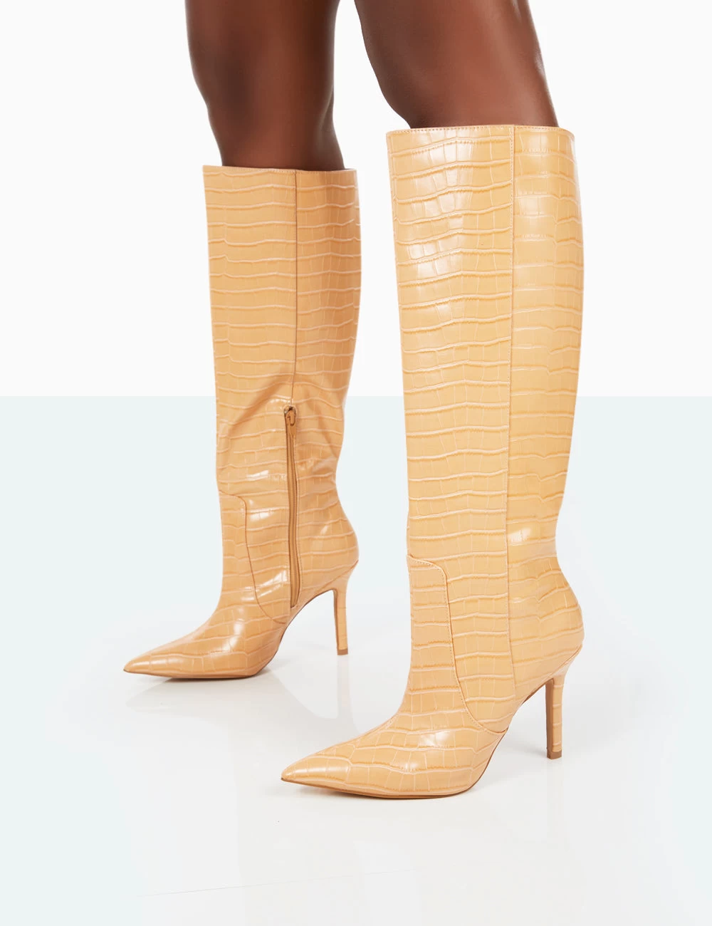 Best Believe Caramel Croc Pointed Toe Stiletto Heeled Knee High Boots 7 Best Believe Caramel Croc Pointed Toe Stiletto Heeled Knee High Boots - Image 5