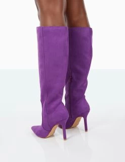 Best Believe Purple Faux Suede Pointed Toe Stiletto Heeled Knee High Boots -Chic Footwear Shop 31.08PDECOM0804