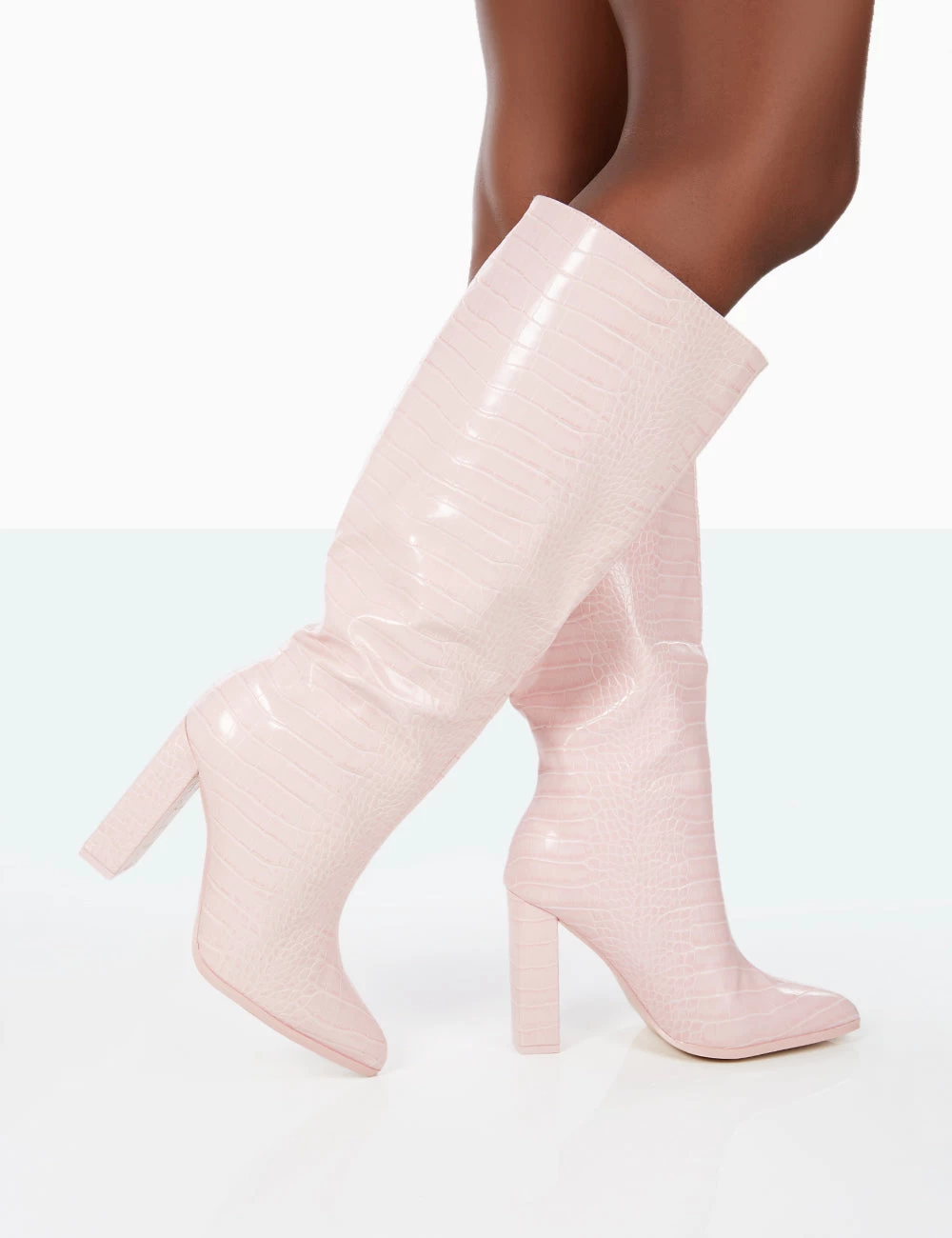 Posie Wide Fit Baby Pink Croc PU Knee High Block Heel Boots 4 Posie Wide Fit Baby Pink Croc PU Knee High Block Heel Boots - Image 2