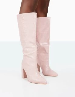 Posie Wide Fit Baby Pink Croc PU Knee High Block Heel Boots