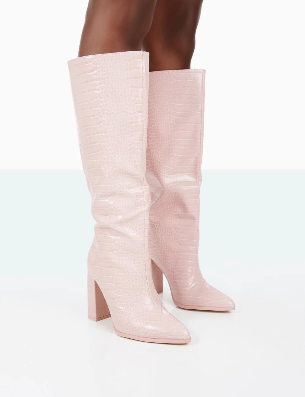 Posie Wide Fit Baby Pink Croc PU Knee High Block Heel Boots 3 Posie Wide Fit Baby Pink Croc PU Knee High Block Heel Boots