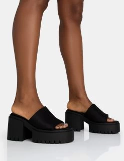 Chic Footwear Shop 34 Sabeena Black Chunky Mule Round Toe Mid Heel Sandals