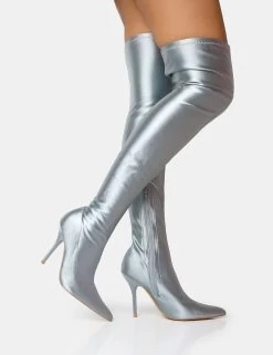 Instinct Silver Lycra Pointed Toe Stiletto Thigh High Boots -Chic Footwear Shop 3 bc191c7e e8f4 413e 88a7 6c083e04a818