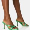 Arwen Green Satin Toe Post Mule Mid Stiletto Heels