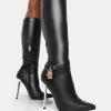 Jayden Black Pu Padlock Detail Pointed Toe Gold Stiletto Heel Knee High Boots -Chic Footwear Shop 4 4d86620d feae 4a16 a55a 15a0dabecd5a