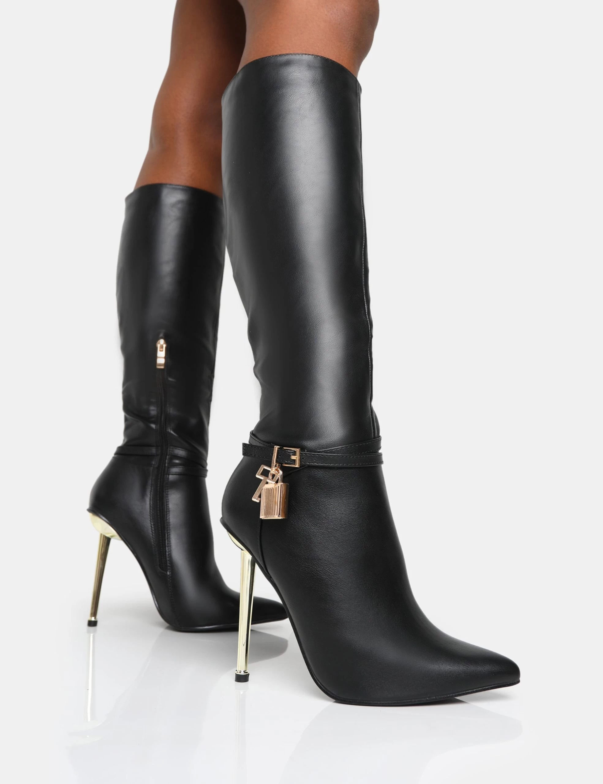 Jayden Black Pu Padlock Detail Pointed Toe Gold Stiletto Heel Knee High Boots 3 Jayden Black Pu Padlock Detail Pointed Toe Gold Stiletto Heel Knee High Boots