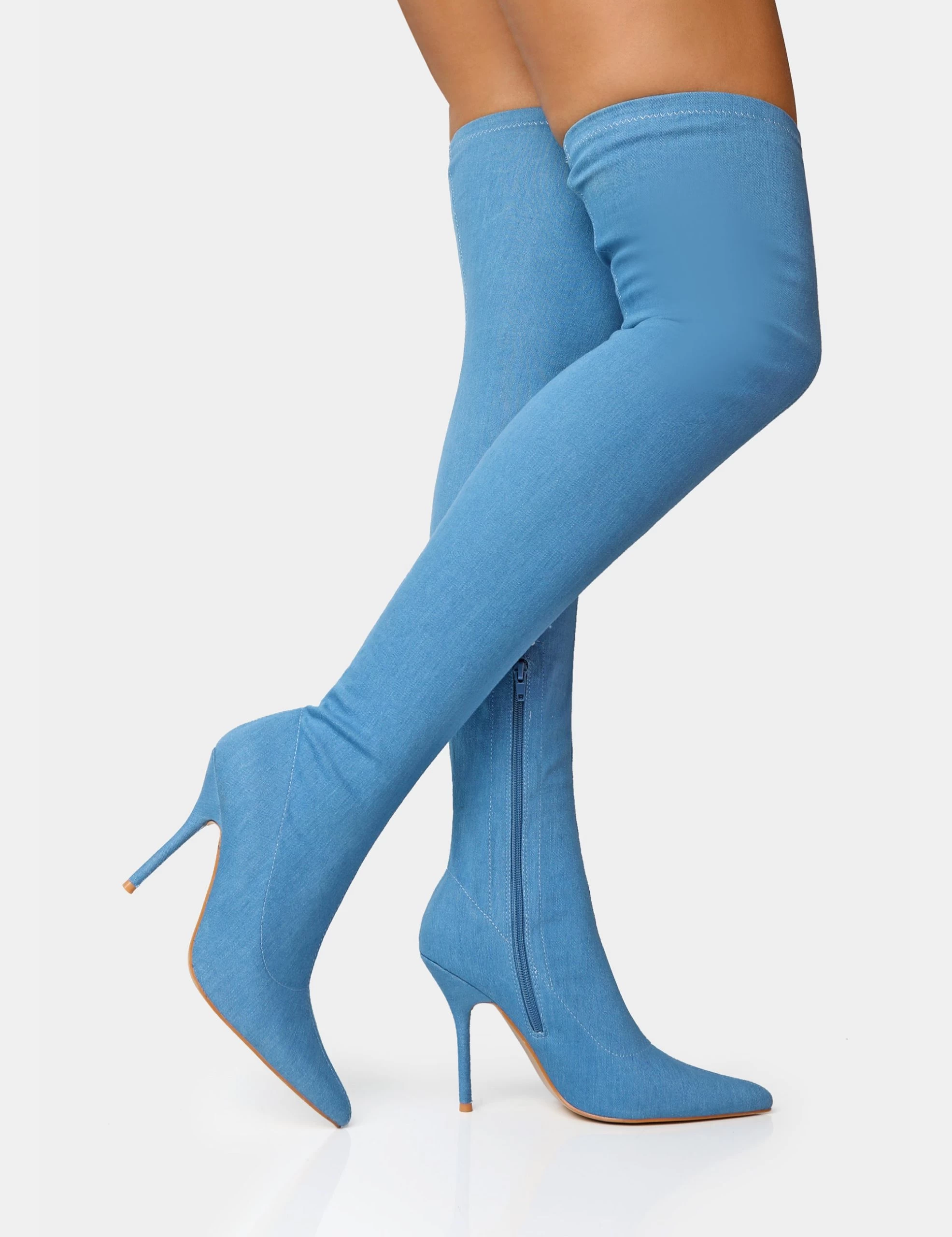 Jodie Blue Denim Seam Detail Pointed Toe Stiletto Thigh High Boots 5 Jodie Blue Denim Seam Detail Pointed Toe Stiletto Thigh High Boots - Image 3