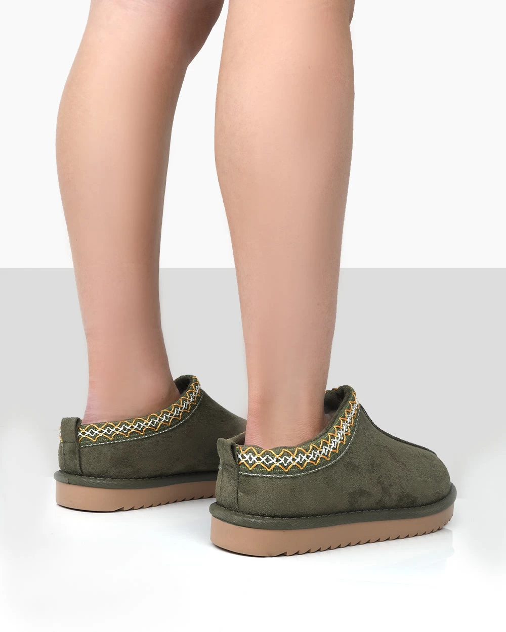 Tamsin Khaki Faux Suede Embroidered Slipper Boots 4 Tamsin Khaki Faux Suede Embroidered Slipper Boots - Image 2