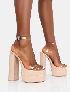 Calla Nude Patent Barely There Clear Square Toe Platform Heels