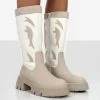 Fly Away Ecru Pu Round Toe Western Cowboy Platform Chunky Sole Knee High Boots
