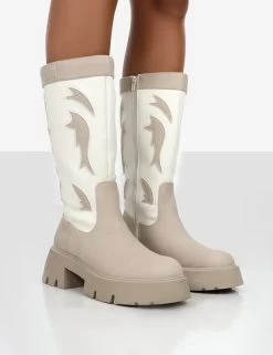 Fly Away Ecru Pu Round Toe Western Cowboy Platform Chunky Sole Knee High Boots