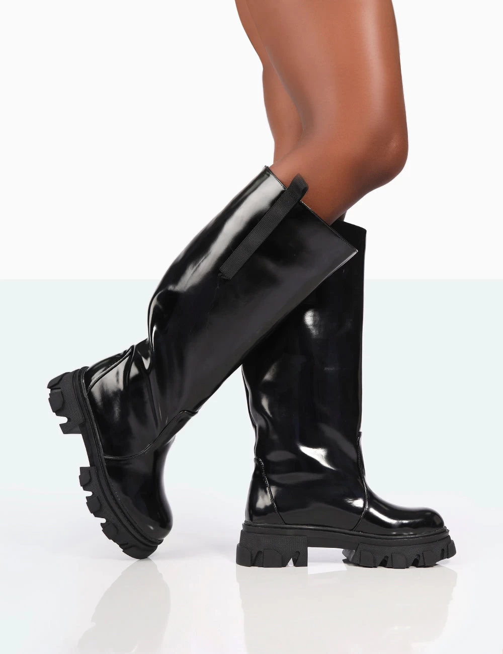 Genius Wide Fit Black Box Patent Knee High Chunky Sole Boots 3 Genius Wide Fit Black Box Patent Knee High Chunky Sole Boots