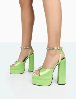 Frozen Lime Satin Sparkly Diamante Strap Open Toe Block Platform Heels -Chic Footwear Shop 771A0073