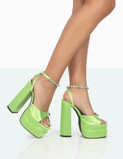 Frozen Lime Satin Sparkly Diamante Strap Open Toe Block Platform Heels -Chic Footwear Shop 771A0074