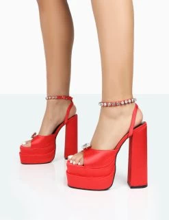 Frozen Red Satin Sparkly Diamante Strap Open Toe Block Platform Heels 9 Frozen Red Satin Sparkly Diamante Strap Open Toe Block Platform Heels -Chic Footwear Shop 771A0077