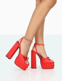 Frozen Red Satin Sparkly Diamante Strap Open Toe Block Platform Heels 8 Frozen Red Satin Sparkly Diamante Strap Open Toe Block Platform Heels -Chic Footwear Shop 771A0078