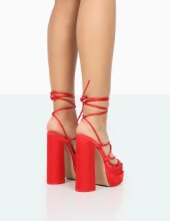 Glow Girl Red Satin PU Lace Up Platform High Heels -Chic Footwear Shop 771A0099