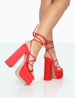 Glow Girl Red Satin PU Lace Up Platform High Heels -Chic Footwear Shop 771A0100